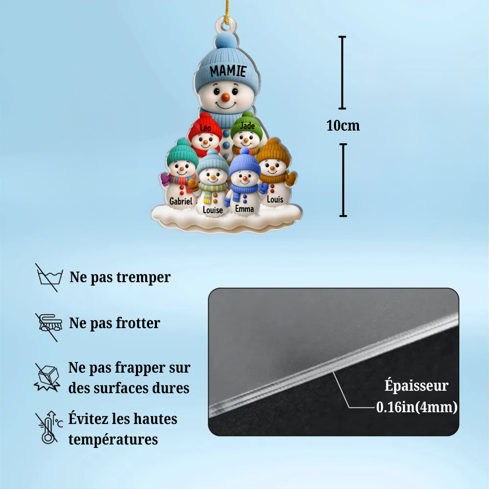 Bonhommes de neige – Pendentif en acrylique, décoration de sapin personnalisée, cadeau pour grand-mère