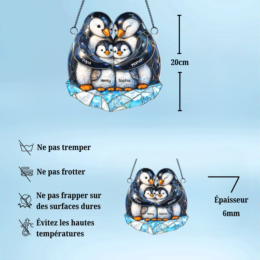 Famille de pingouins – Ornement attrape-soleil personnalisé avec prénoms – Cadeau pour papa et maman