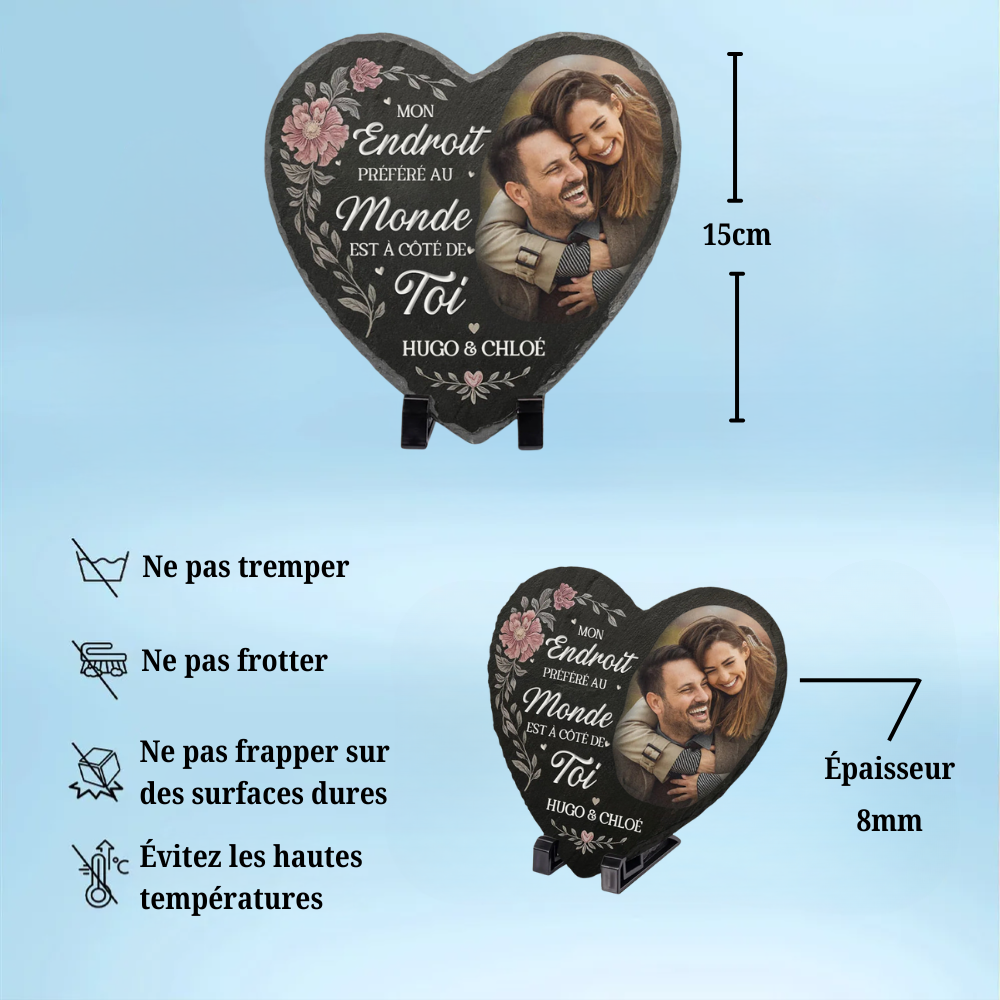 Mon endroit préféré – Plaque en ardoise personnalisée avec photo pour couple – Forme cœur avec support
