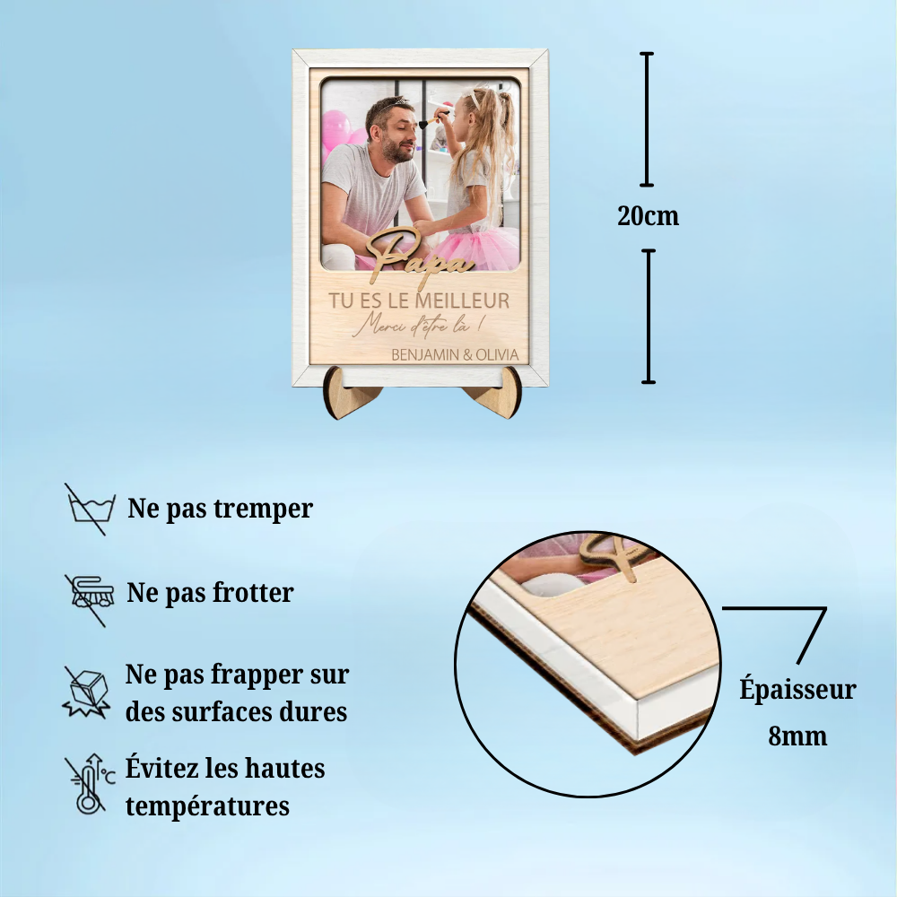 « Papa, tu es le meilleur » – Présentoir en bois personnalisé avec photo et prénom