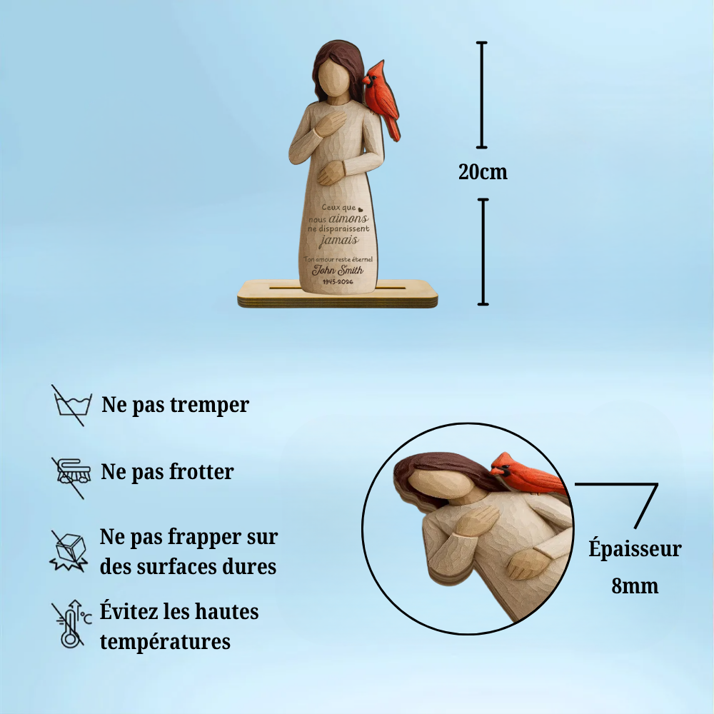 Femme et cardinal rouge – Présentoir en bois personnalisé – Cadeau commémoratif