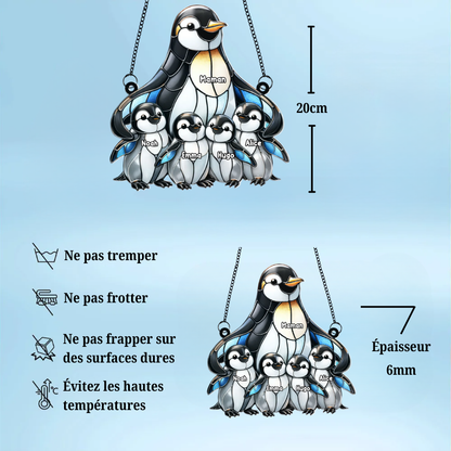 Maman / mamie pingouin avec enfants – Ornement attrape-soleil personnalisé avec prénoms