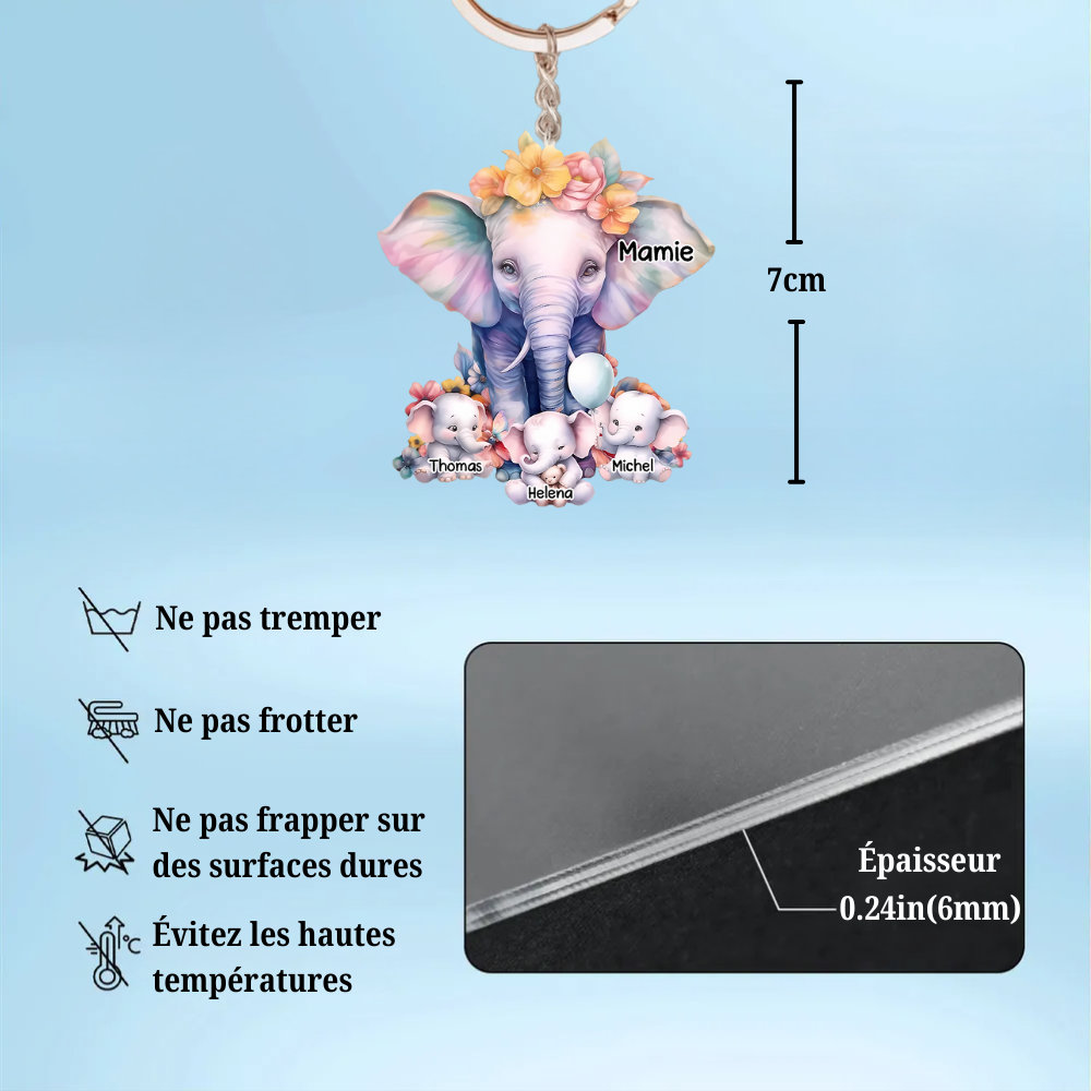 Éléphants – Porte-clés en acrylique personnalisé pour Mamie et Maman