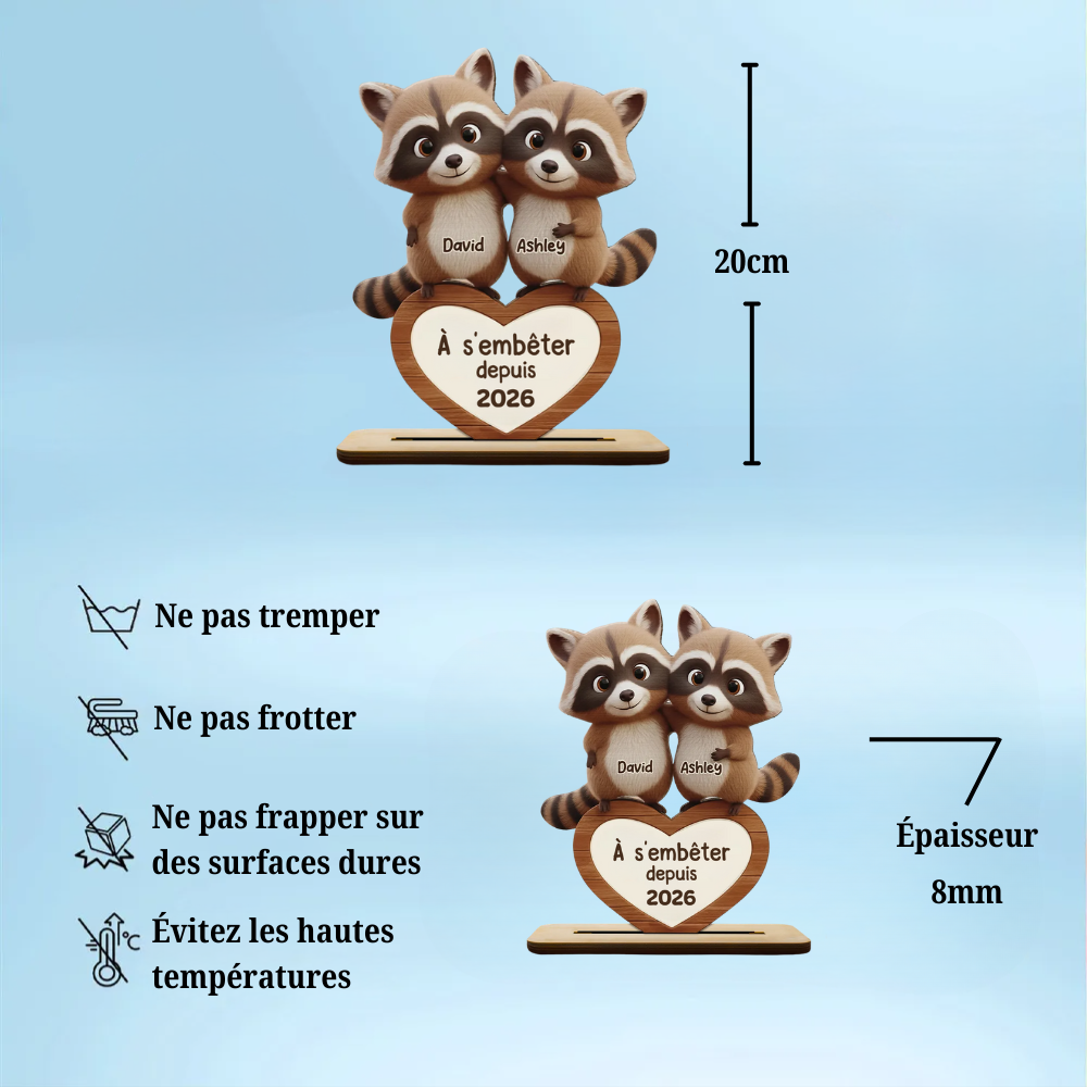 Couple de ratons laveurs – Présentoir en bois personnalisé avec prénoms