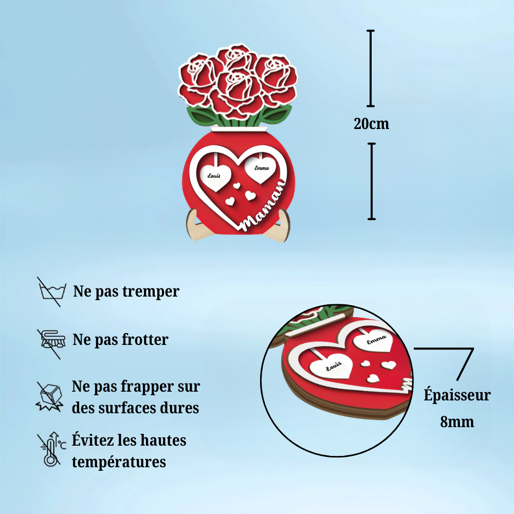 Présentoir en bois personnalisé à 2 couches avec bouquet de roses dans un vase – Cadeau pour maman et mamie