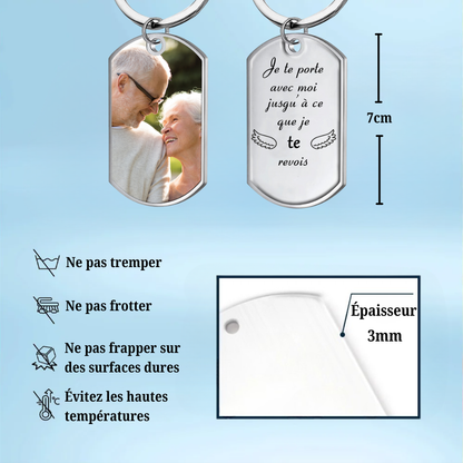 Porte-clés photo avec texte, porte-clés en acier inoxydable avec résine époxy Cadeau de deuil