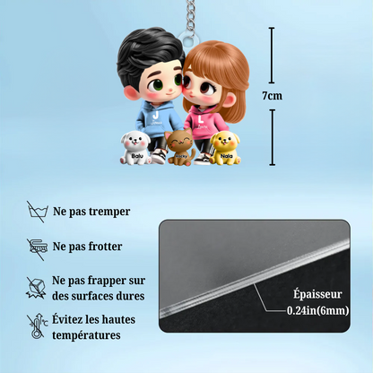Porte-clés en acrylique personnalisé avec couple cartoon et animaux de compagnie – Cadeau pour couple