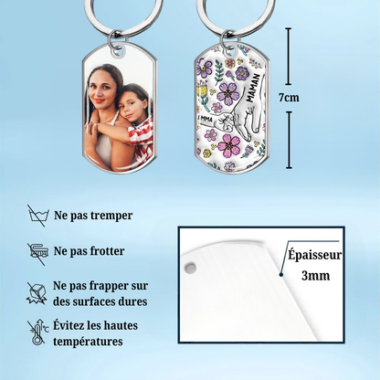 Main dans la main – Porte-clés photo personnalisé en acier inoxydable avec résine époxy – Cadeau pour mamie et maman