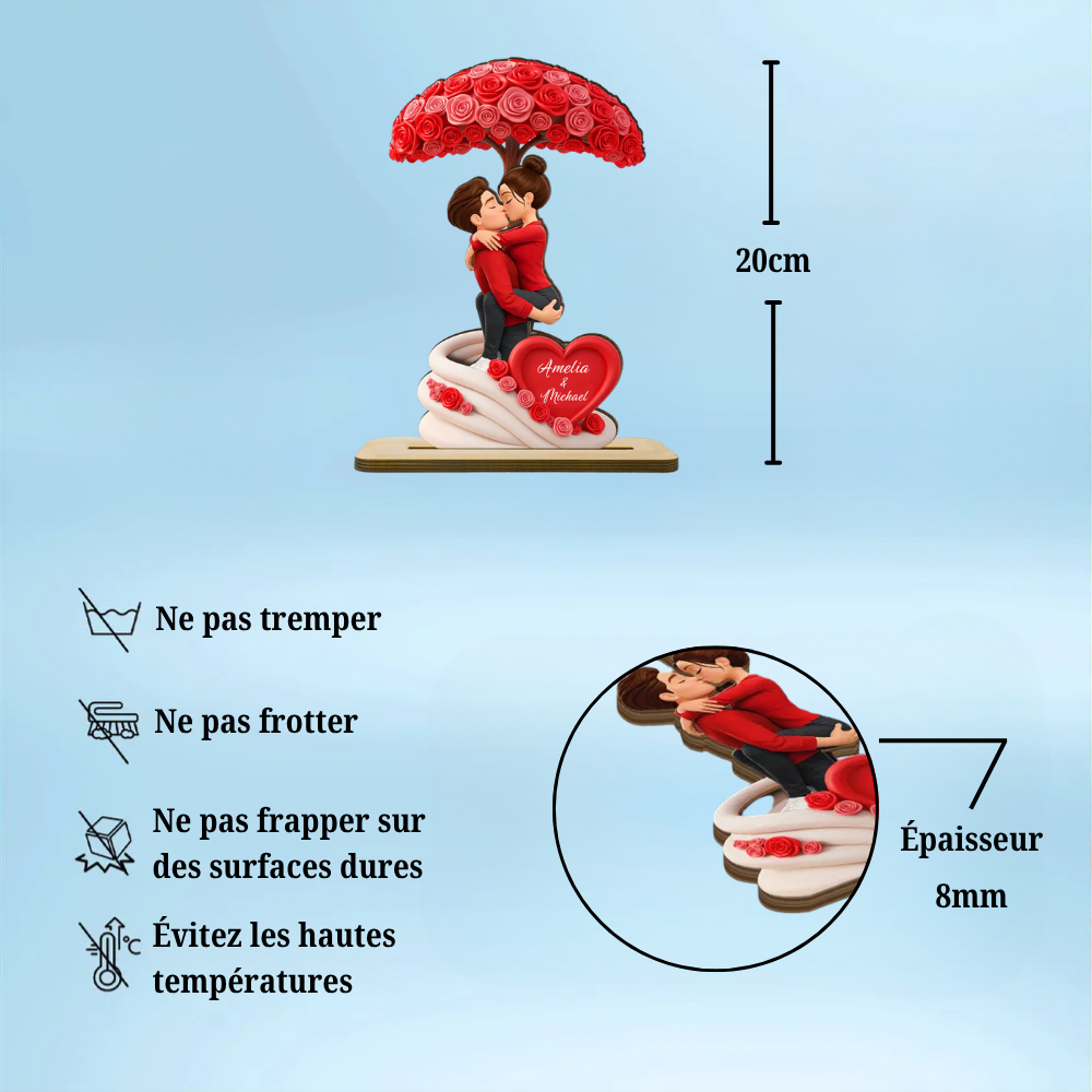 Couple et parapluie de roses – Présentoir en bois personnalisé avec figurines et prénoms