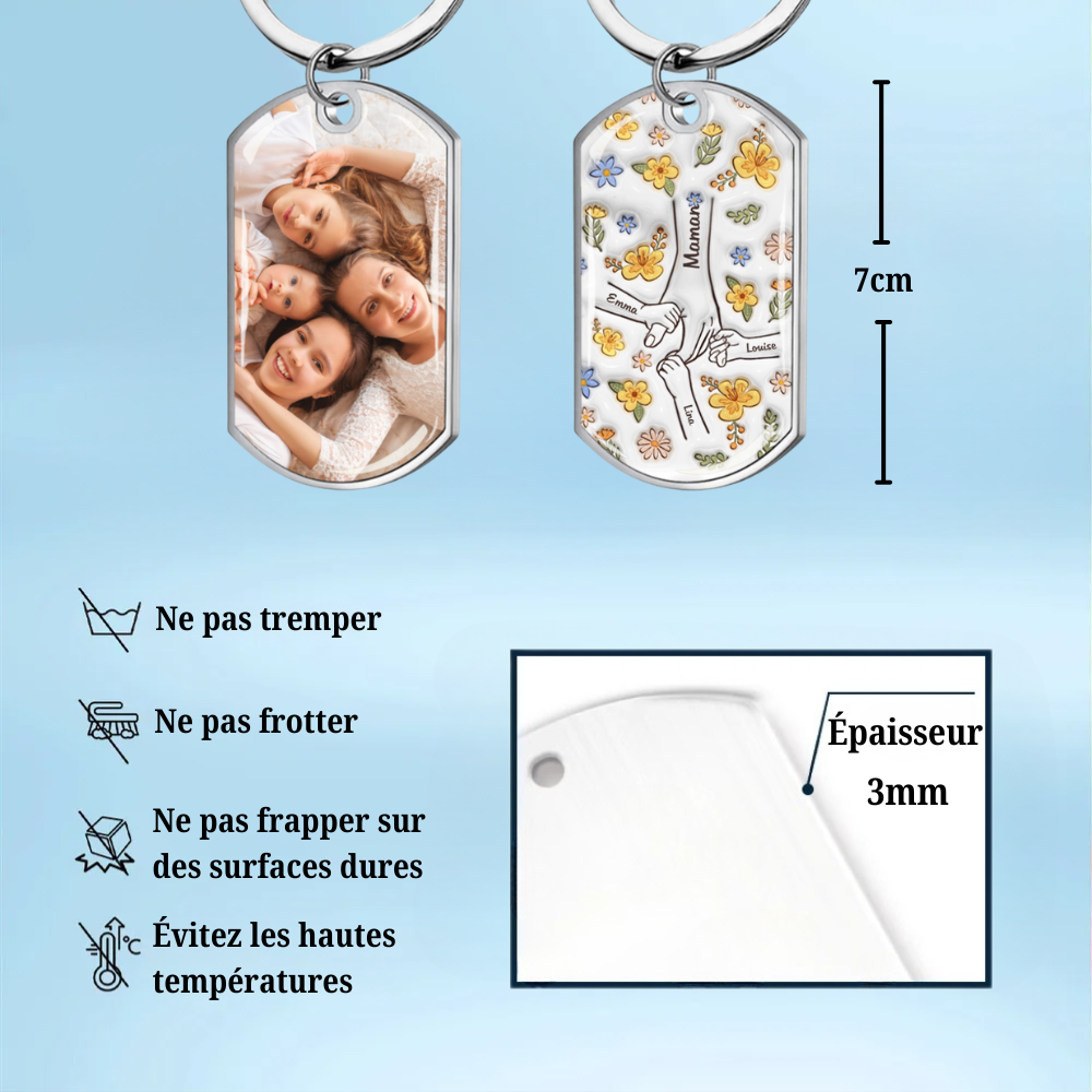 Main dans la main – Porte-clés photo personnalisé en acier inoxydable avec résine époxy – Cadeau pour maman et mamie