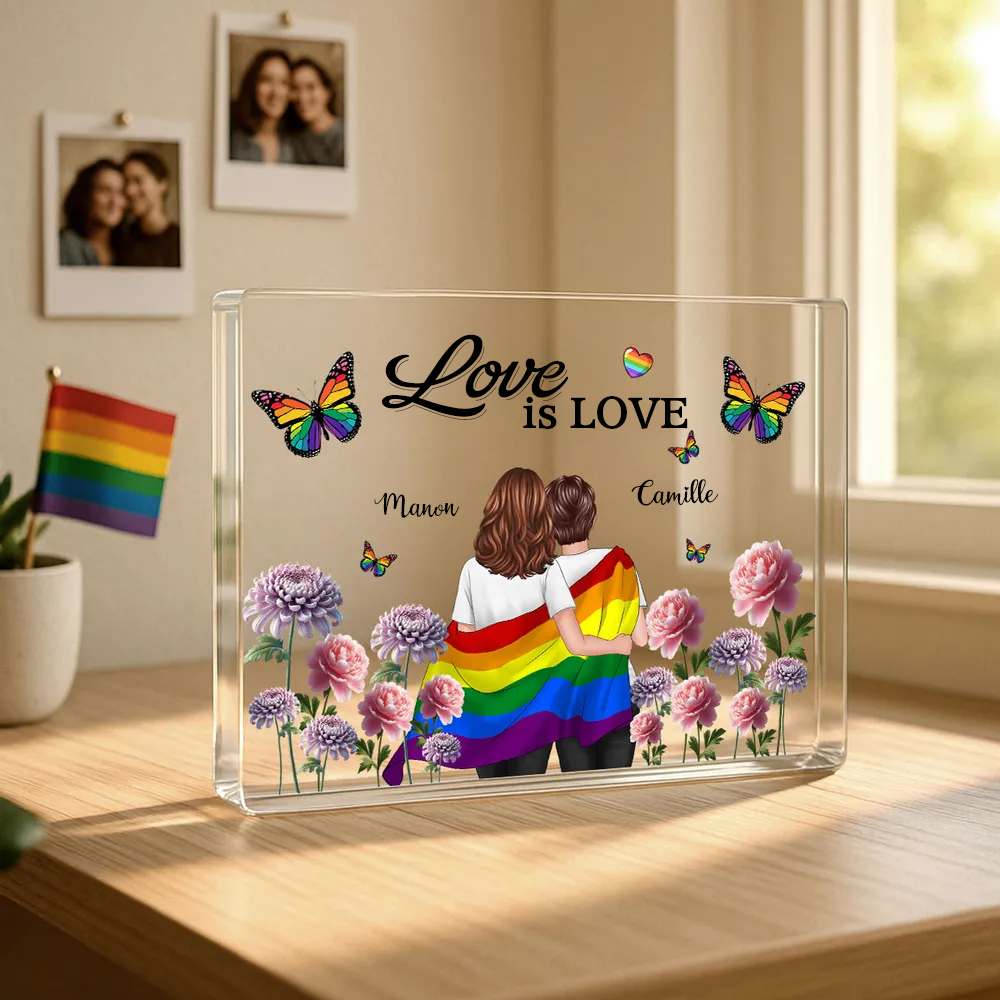 Plaque en acrylique personnalisée avec motif arc-en-ciel et 2 personnages – Cadeau pour couples LGBT