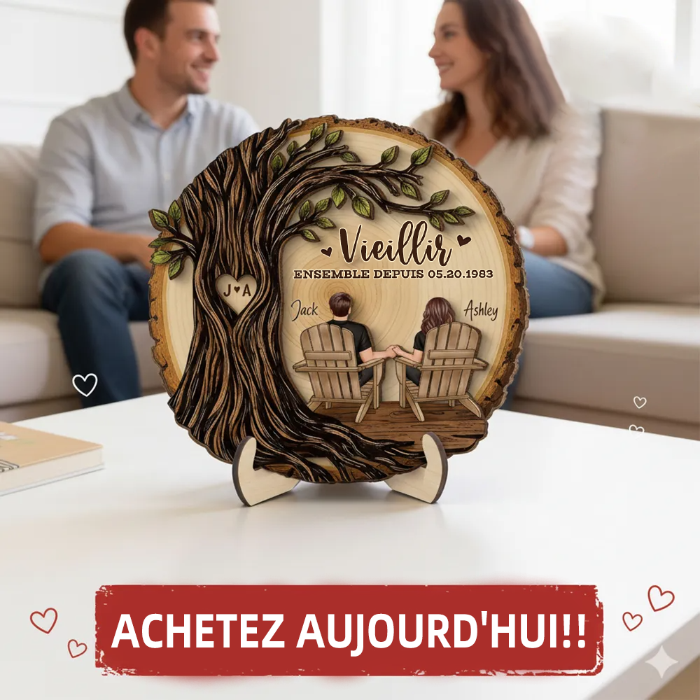 Couple sous un arbre – Présentoir en bois personnalisé avec année, numéro et texte – Cadeau d’anniversaire de mariage