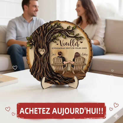 Couple sous un arbre – Présentoir en bois personnalisé avec année, numéro et texte – Cadeau d’anniversaire de mariage