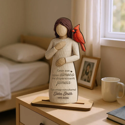 Femme et cardinal rouge – Présentoir en bois personnalisé – Cadeau commémoratif