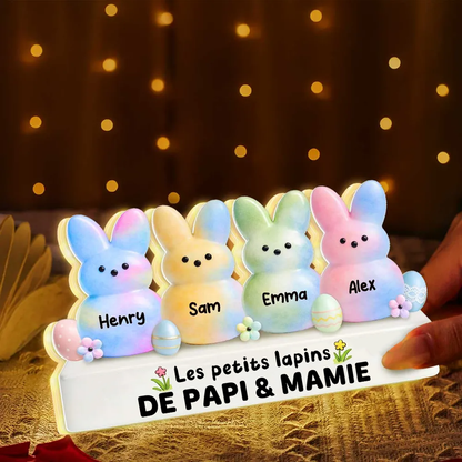 Lapins de Pâques colorés pour mamie et papi – Boîte lumineuse LED personnalisée avec les prénoms des petits-enfants | Cadeau de Pâques pour grands-parents