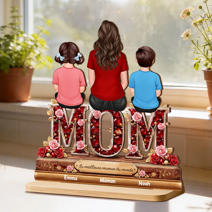 « MAMAN, MAMIE, MOM » – Présentoir en bois personnalisé avec femme et enfants