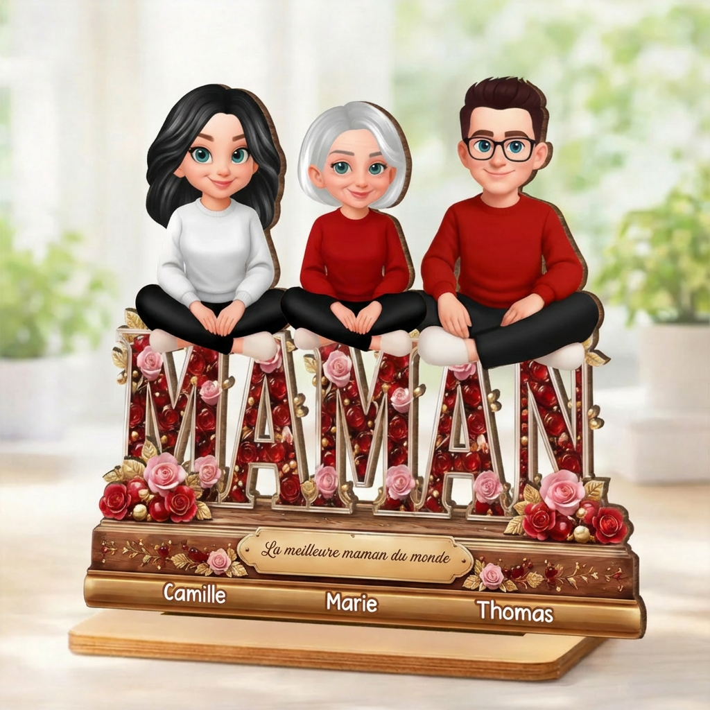 Décoration en bois personnalisé avec maman et enfants – Cadeau pour mamie et maman