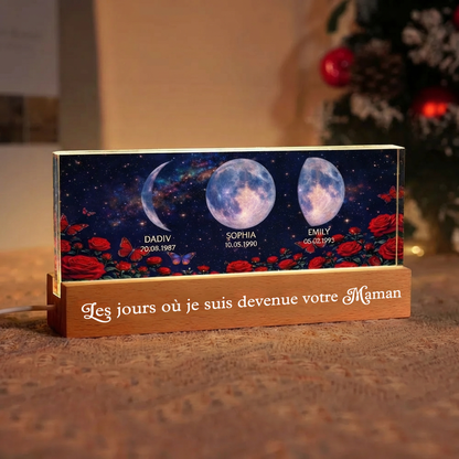 Roses et phases de lune – Veilleuse LED personnalisée avec texte et phases lunaires – Cadeau pour maman et mamie