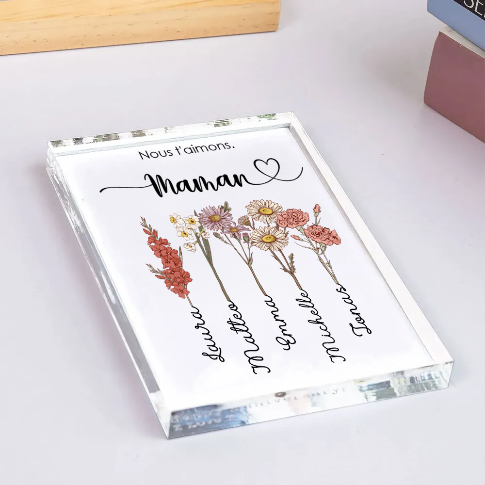Bloc en acrylique personnalisé avec fleurs de naissance, prénoms et texte – Cadeau pour mamie et maman