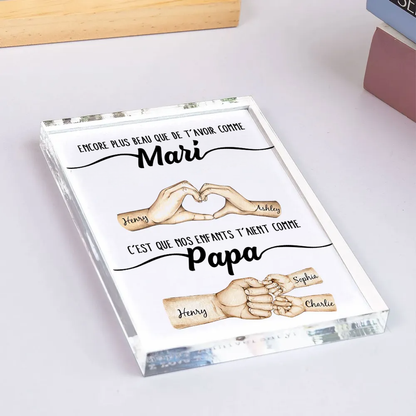 Plaque en acrylique avec mains et poing contre poing – Cadeau pour papa, idée cadeau pour la fête des pères