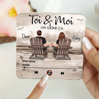 Aimant musical pour réfrigérateur avec 2 personnages, noms et citation Cadeau pour couple