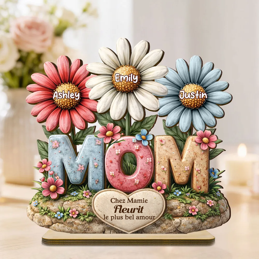 Décoration en bois personnalisé « MOM » avec fleurs – Cadeau pour maman et mamie