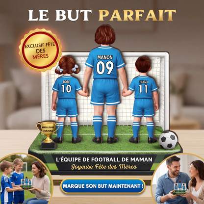« L’équipe de football de maman » – Présentoir en bois personnalisé avec femme et enfants