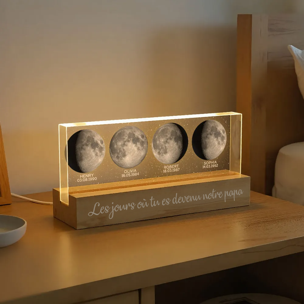 Lampe de nuit LED personnalisée avec phases de la lune – Cadeau d’anniversaire pour papa et maman