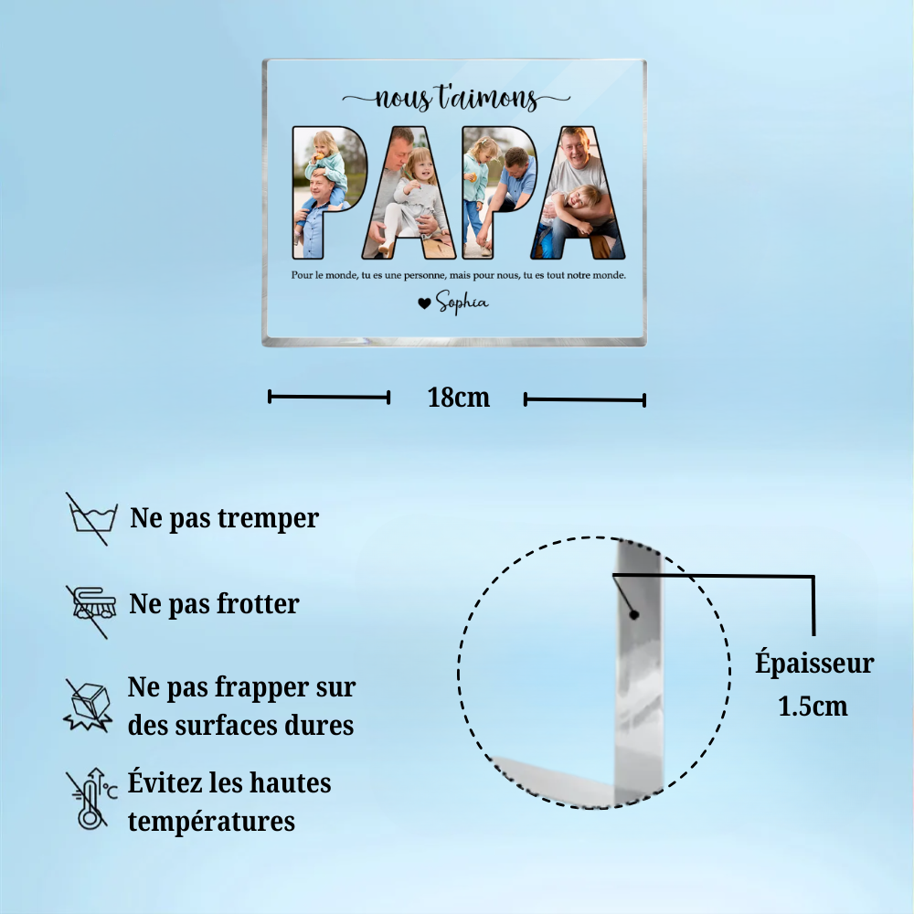Bloc acrylique PAPA avec photos, texte et noms