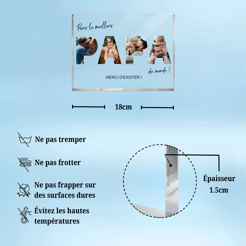 Bloc en acrylique avec photos et texte « Pour le meilleur papa du monde » – Cadeau pour père