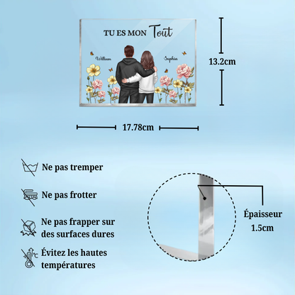 Texte, fleurs de naissance et bloc acrylique pour couple