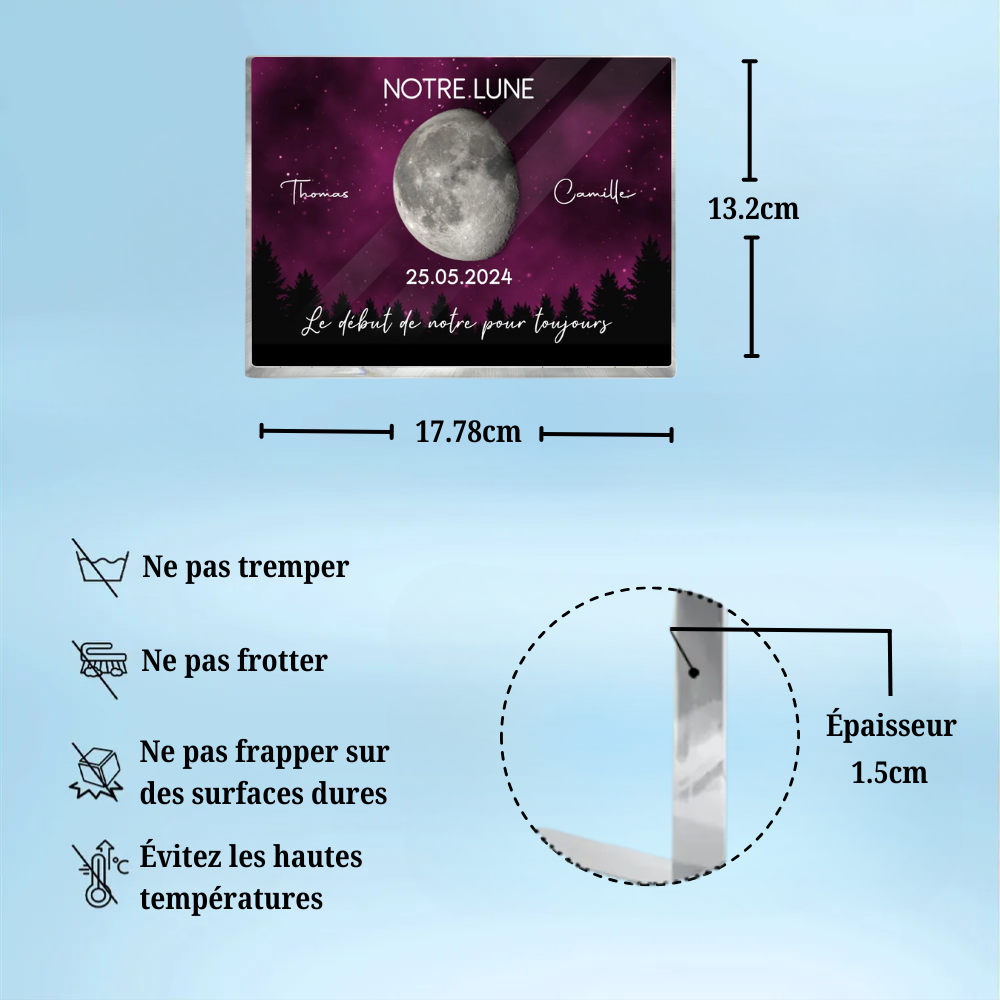 Notre lune - Bloc acrylique personnalisé avec phases lunaires et texte Cadeau pour couple