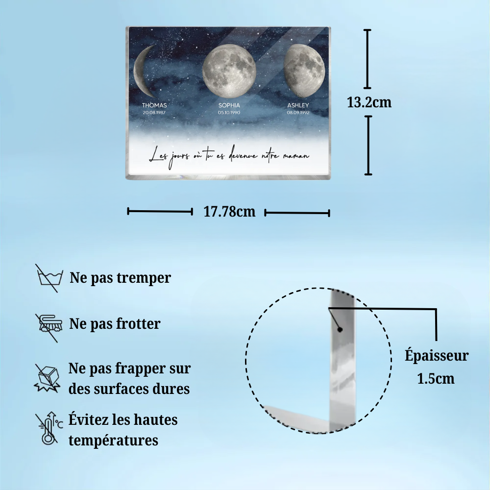 Bloc acrylique personnalisé avec phases lunaires et texte Cadeau pour papa et maman