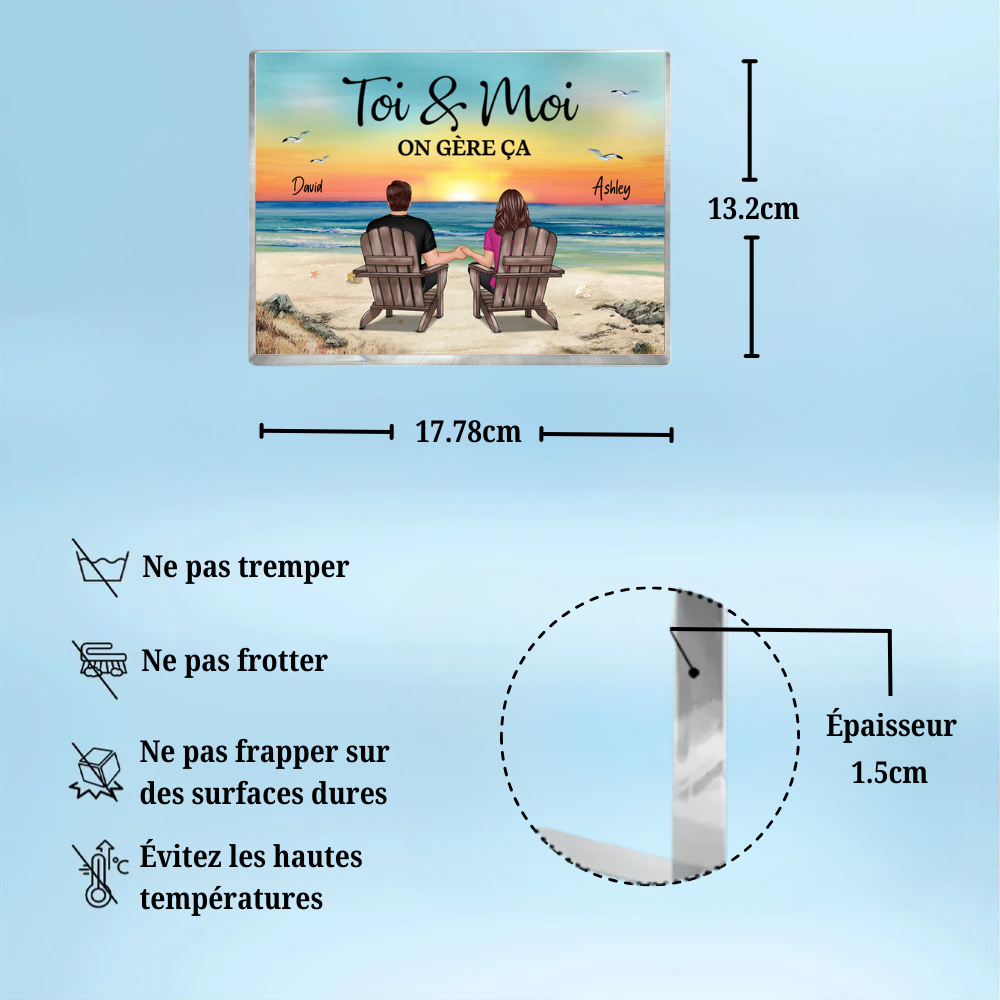 Couple au bord de la mer - Bloc acrylique avec 2 personnes et texte Cadeau pour couple