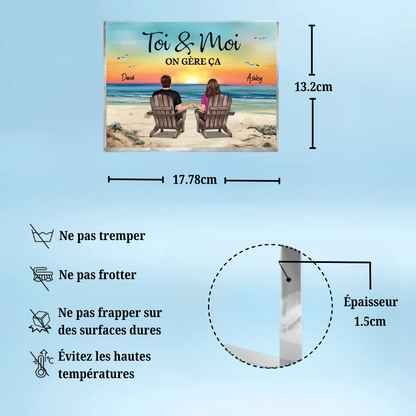 Couple au bord de la mer - Bloc acrylique avec 2 personnes et texte Cadeau pour couple