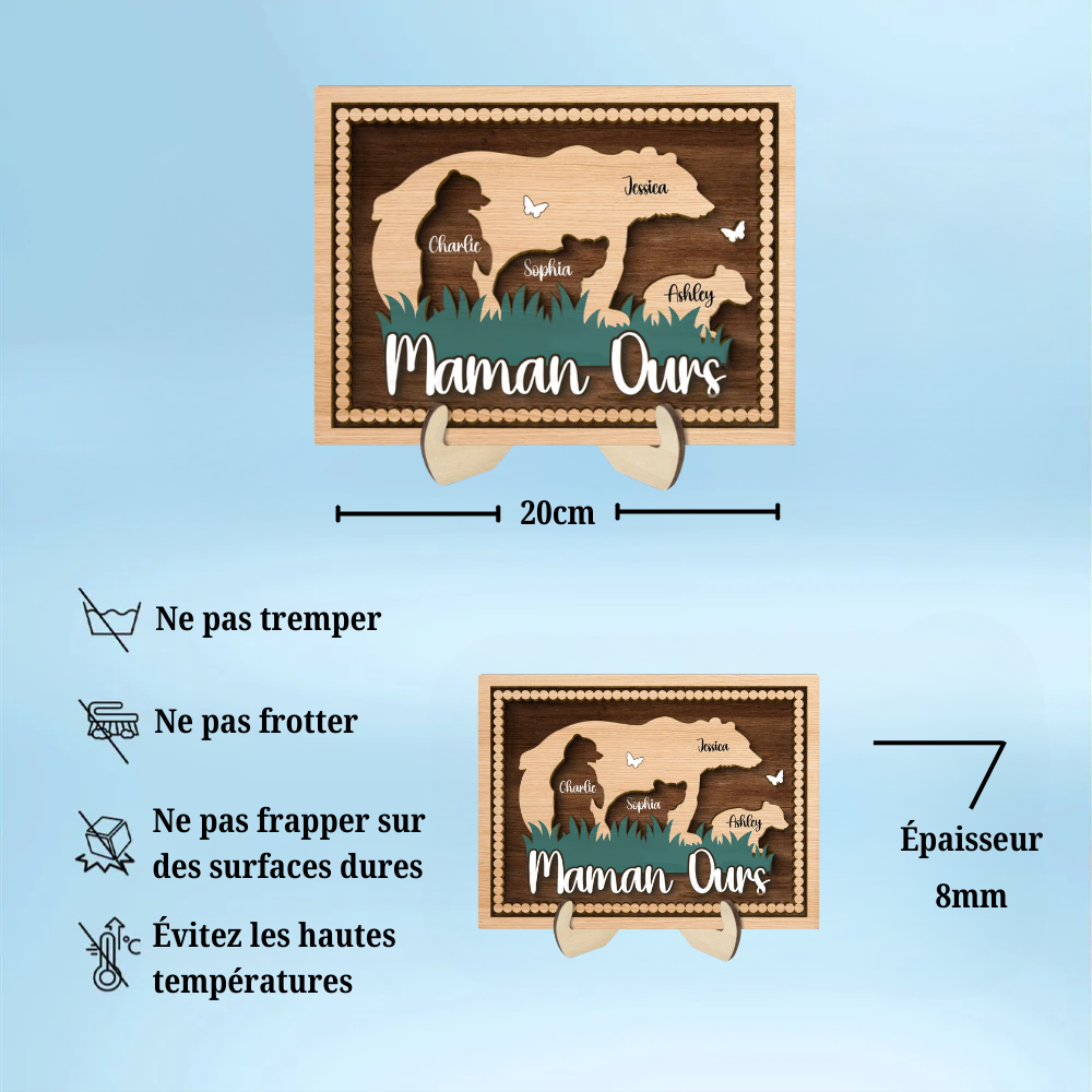 Décoration en bois personnalisé à 2 couches « Maman Ourse » avec motif d’ours