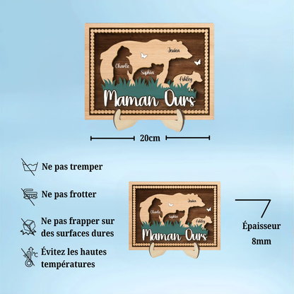 Décoration en bois personnalisé à 2 couches « Maman Ourse » avec motif d’ours