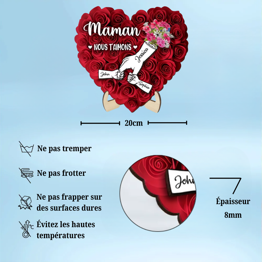 Décoration en bois personnalisé « Main dans la main » avec roses – Cadeau pour maman et mamie