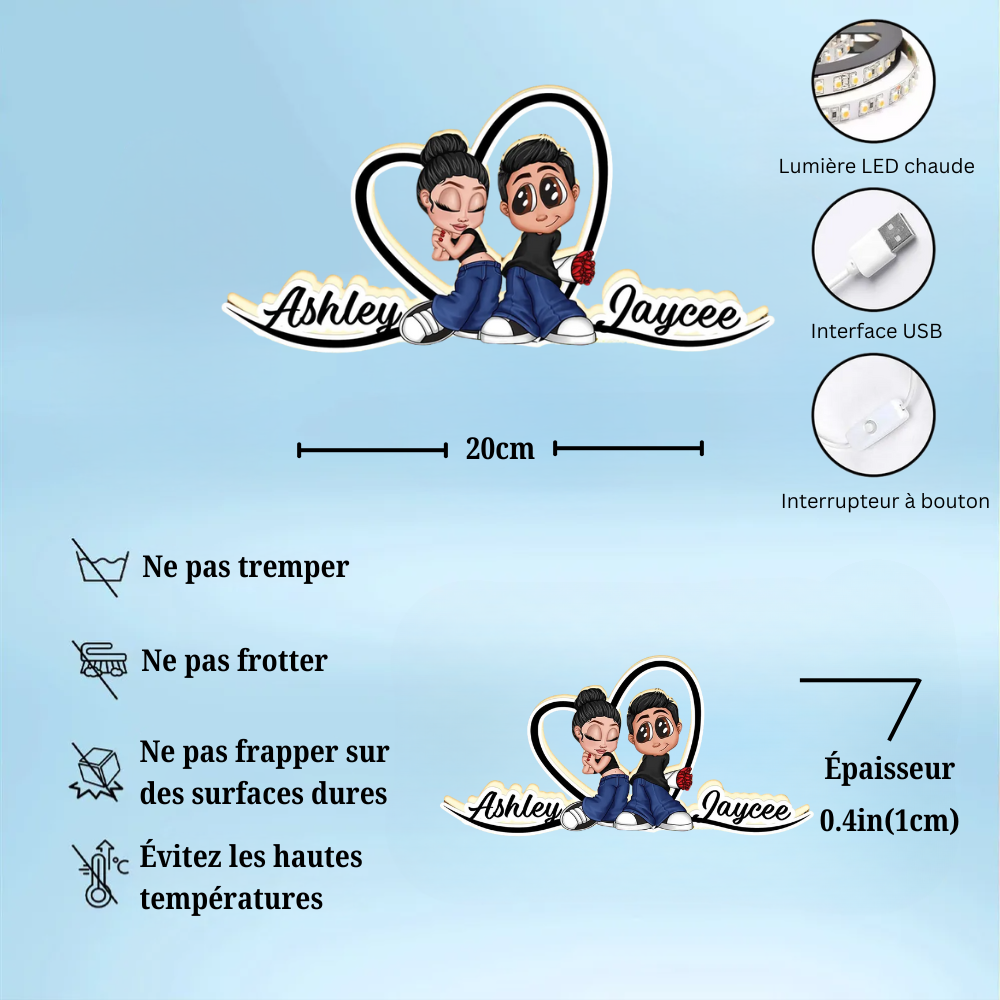 Couple Y2K et cœur Boîte lumineuse personnalisée avec prénoms Cadeau pour couple/couple LGBT