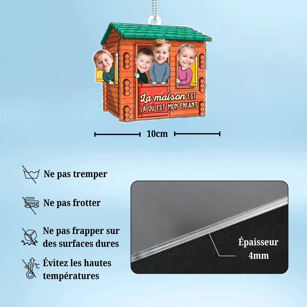 « La maison, c’est… » – Pendentif de voiture personnalisé en acrylique avec photos – Cadeau pour papa et maman
