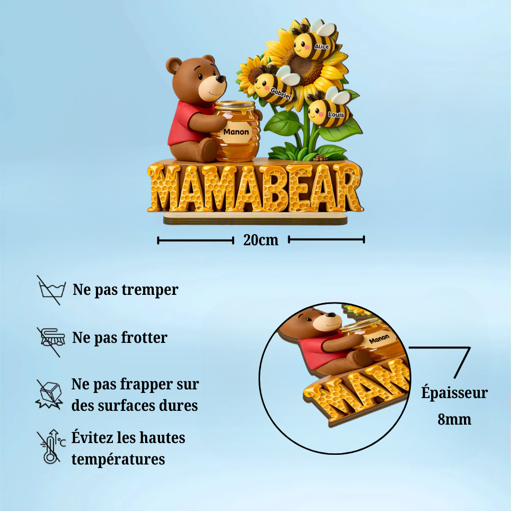 Décoration en bois personnalisé « Maman Ourse » avec abeilles – Cadeau pour maman et Papa