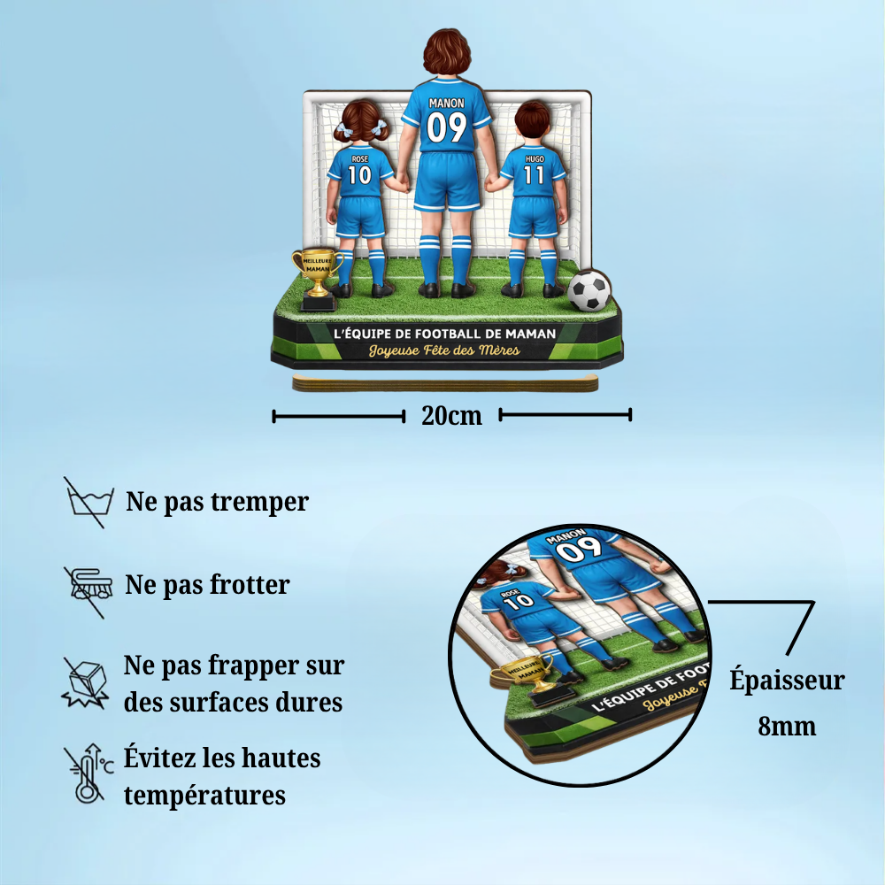 « L’équipe de football de maman » – Présentoir en bois personnalisé avec femme et enfants