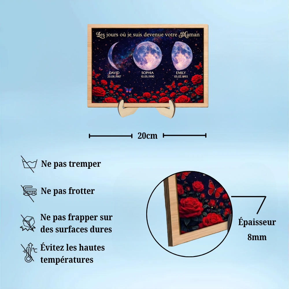Roses et phases de lune – Présentoir en bois personnalisé – Cadeau pour maman