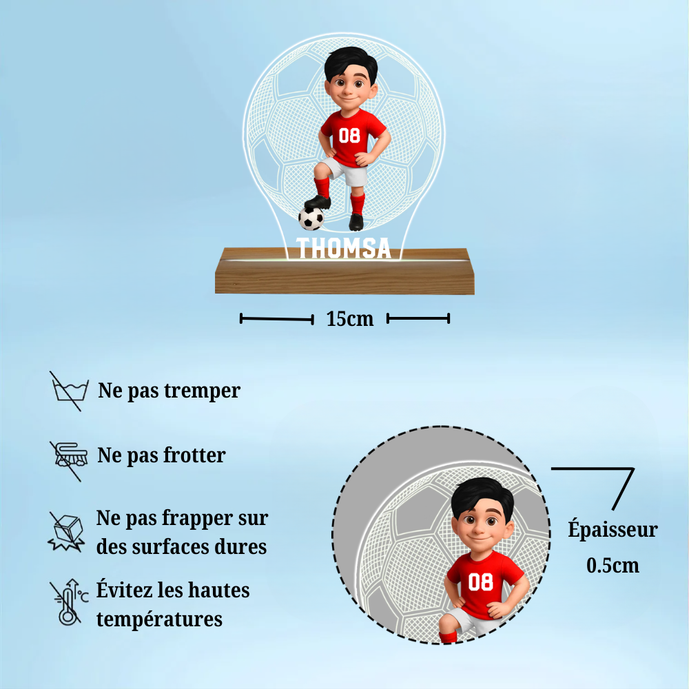 Enfant footballeur – Veilleuse LED personnalisée avec figurine et prénom – Cadeau pour fille et garçon