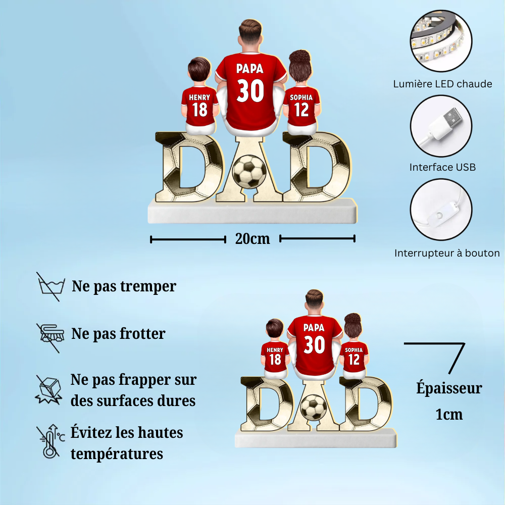 Papa et sa Dream Team – Lampe LED personnalisée football avec prénoms