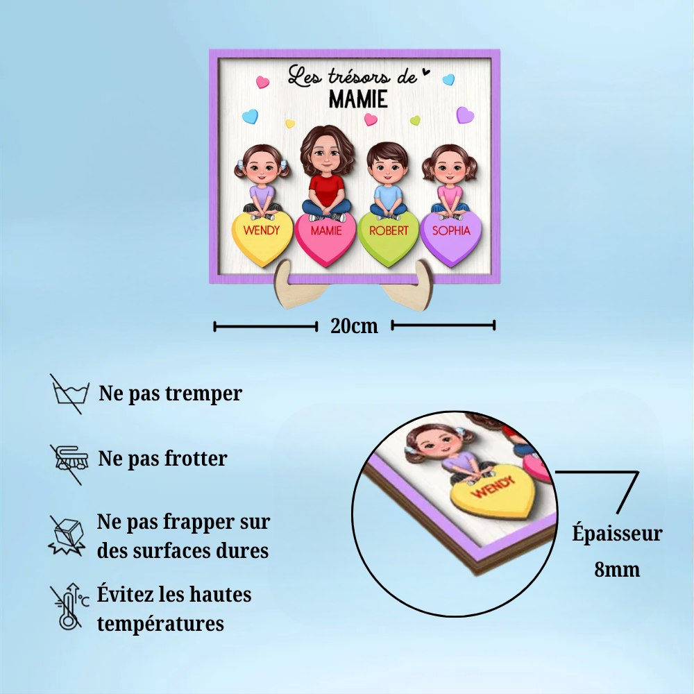 Les Trésore de mamie – Plaque en bois personnalisée pour mamie / maman avec enfants