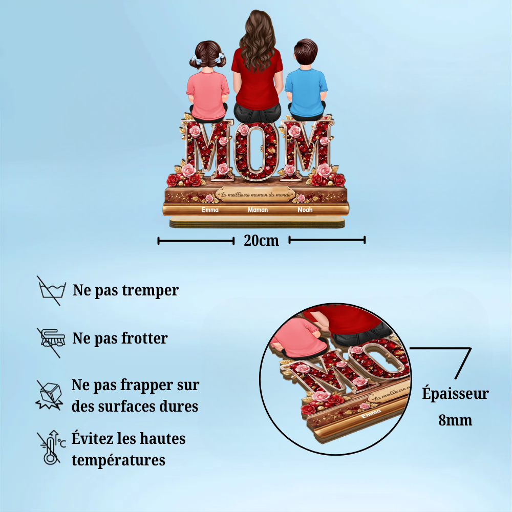« MAMAN, MAMIE, MOM » – Présentoir en bois personnalisé avec femme et enfants