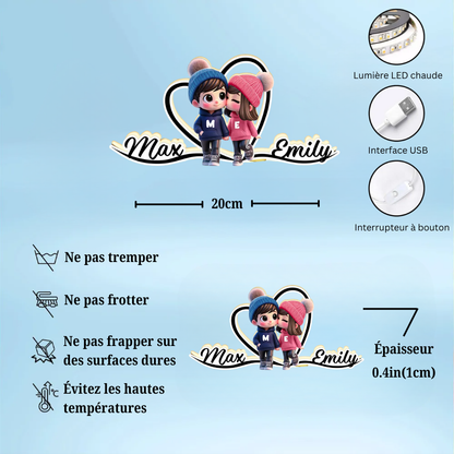 Joli couple et cœur - Boîte lumineuse personnalisée avec prénoms - Cadeau pour la Saint-Valentin