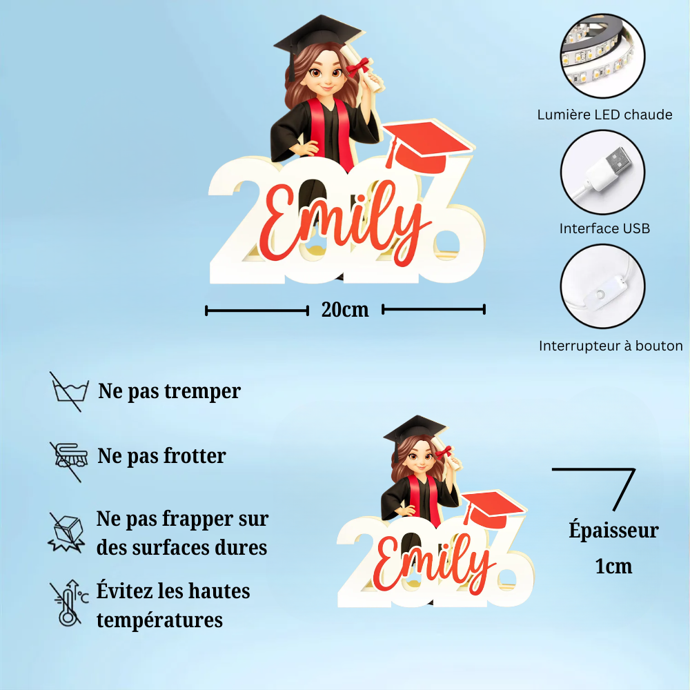 Promotion – Boîte lumineuse LED personnalisée – Cadeau de remise de diplôme