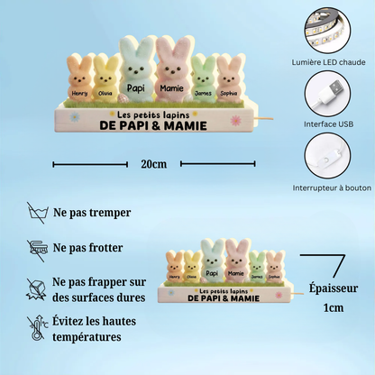 Lapins de Pâques pour mamie et papi – Boîte lumineuse LED personnalisée avec les prénoms des petits-enfants | Cadeau de Pâques pour grands-parents